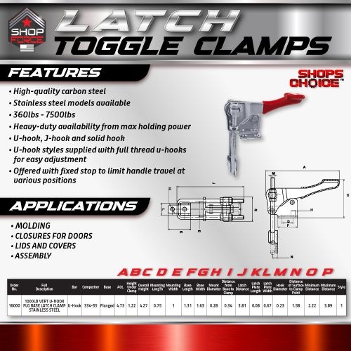 1000LB VERT U-HOOK FLG BASE LATCH CLAMP STAINLESS STEEL-LATCH PLATE INCLUDED(Same as 334-SS) Shop'sChoice™ - Image 2