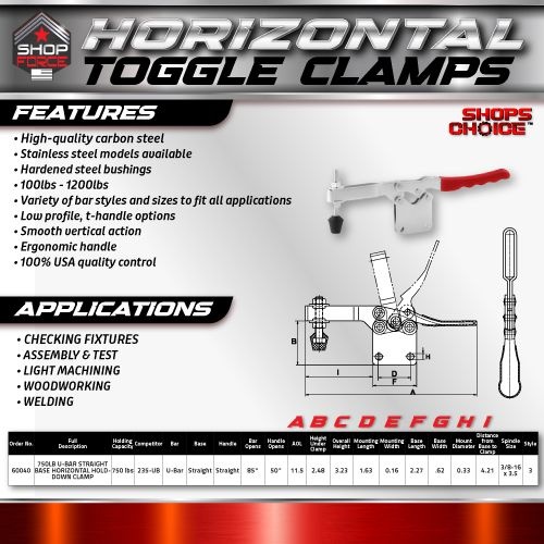 750LB U-BAR STRAIGHT BASE HORIZONTAL HOLD-DOWN CLAMP (Same as 235-UB) Shop'sChoice™ - Image 2