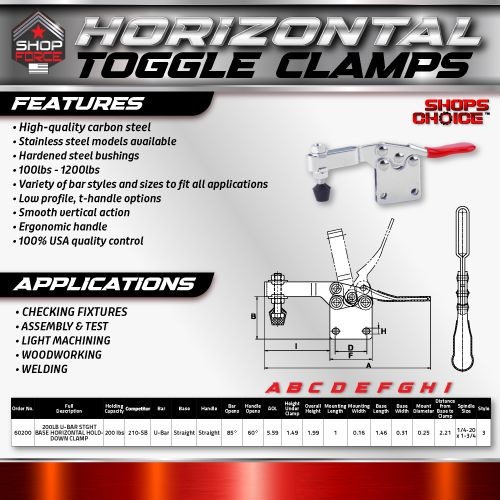 200LB U-BAR STGHT BASE HORIZONTAL HOLD-DOWN CLAMP (Same as 215-UB)  Shop'sChoice™ - Image 2