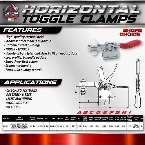 60LB U-BAR STRAIGHT BASE HORIZONTAL HOLD-DOWN CLAMP (Same as 205-UB) Shop'sChoice™ - Image 2