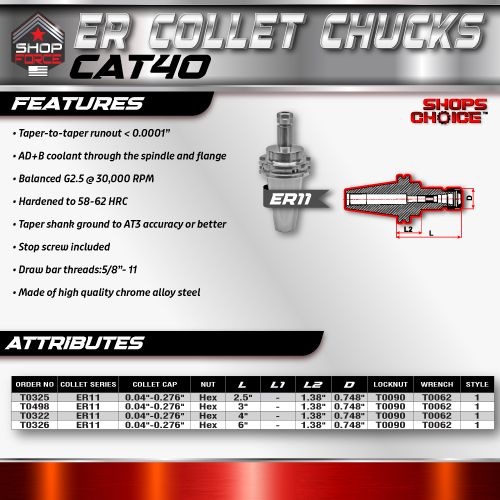 ER 11 CAT40 COLLET CHUCK X 3"  G2.5 X 30,000 RPM (0.0001 T.I.R.) With Hex Nut Shop'sChoice™ - Image 3