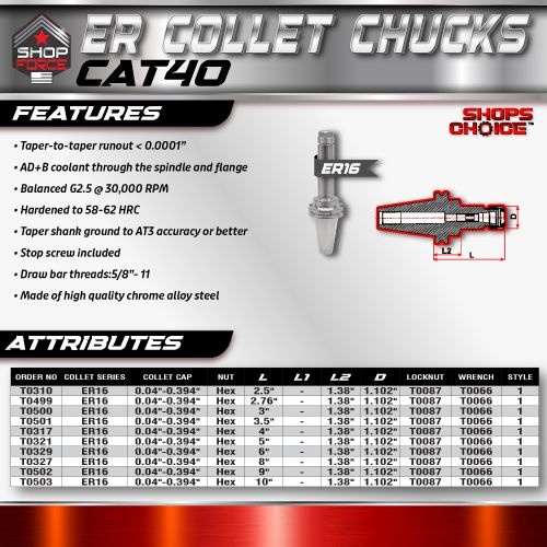 ER 16 CAT40 COLLET CHUCK X 6"  G2.5 X 30,000 RPM (0.0001 T.I.R.) With Hex Nut Shop'sChoice™ - Image 3