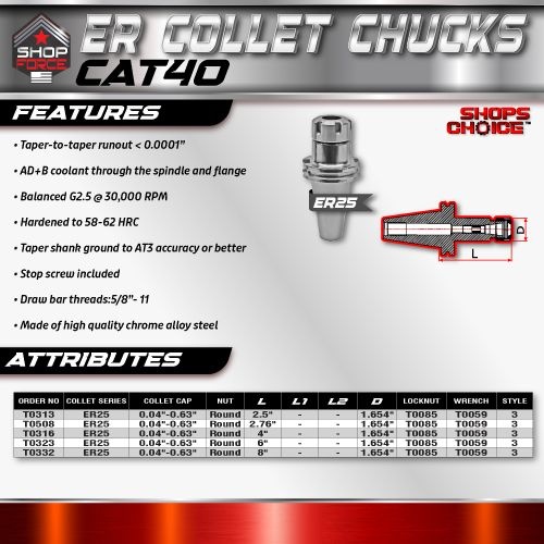 ER 25 CAT40 COLLET CHUCK X 8"  G2.5 X 30,000 RPM (0.0001 T.I.R.) With Round Nut Shop'sChoice™ - Image 3