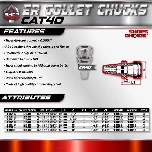 ER 40 CAT40 COLLET CHUCK X 3.15"  G2.5 X 30,000 RPM (0.0001 T.I.R.) With Round Nut Shop'sChoice™ - Image 3