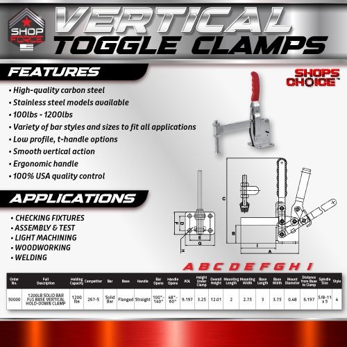 1200LB SOLID BAR FLG BASE VERTICAL HOLD-DOWN CLAMP BOLT RETAINER INCLUDED.  DOES NOT INCLUDE SPINDLE ASSEMBLY OR FLANGED WASHERS. MUST BE WELDED.(Same as 267-S) Shop'sChoice™ - Image 2