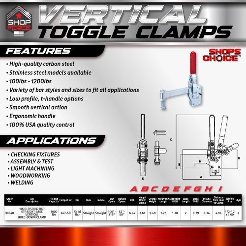 1000LB SOLID BAR STRAIGHT BASE VERTICAL HOLD-DOWN CLAMP BOLT RETAINER INCLUDED.  DOES NOT INCLUDE SPINDLE ASSEMBLY OR FLANGED WASHERS. MUST BE WELDED.(Same as 247-SB) Shop'sChoice™ - Image 2