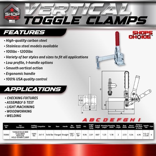 1000LB SOLID BAR FLGD BASE VERTICAL HOLD-DOWN CLAMP BOLT RETAINER INCLUDED.  DOES NOT INCLUDE SPINDLE ASSEMBLY OR FLANGED WASHERS. MUST BE WELDED.(Same as 247-S) Shop'sChoice™ - Image 2