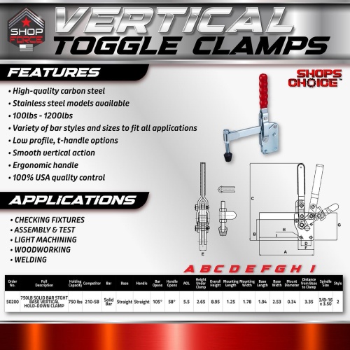 750LB SOLID BAR STGHT BASE VERTICAL HOLD-DOWN CLAMP(Same as 210-SB)  Shop'sChoice™ - Image 2