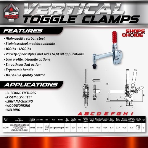 500LB SOLID LONG BAR STRAIGHT BASE VERTICAL HOLD-DOWN CLAMP(Same as 207-LB) Shop'sChoice™ - Image 2