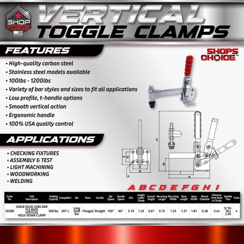 500LB SOLID LONG BAR FLG BASE VERTICAL HOLD-DOWN CLAMP(Same as 207-L) Shop'sChoice™ - Image 2