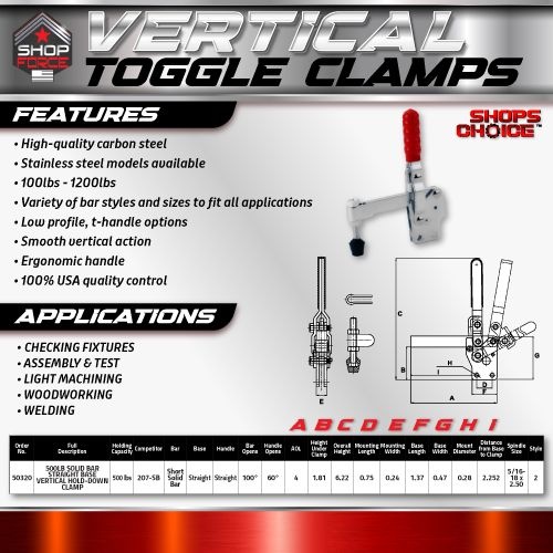 500LB SOLID BAR STRAIGHT BASE VERTICAL HOLD-DOWN CLAMP(Same as 207-SB) Shop'sChoice™ - Image 2