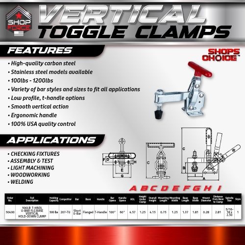 500LB  T-HNDL U-BAR FLG BASE VERTICAL HOLD-DOWN CLAMP(Same as 207-TU)  Shop'sChoice™ - Image 2