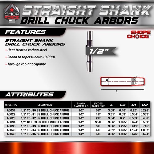 1/2" to JT1  Straight Shank Drill Chuck Arbor-Shop'sChoice - Image 3