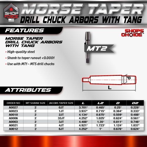 MT2 to JT33 Drill Chuck Arbor With Tang- Shop'sChoice - Image 3