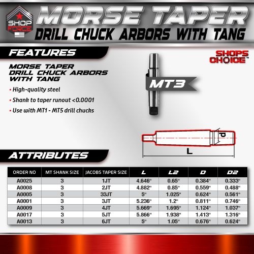 MT3 to JT2 Drill Chuck Arbor With Tang- Shop'sChoice - Image 3