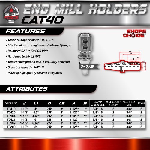 CAT40 END MILL HOLDER 1-1/2"X4.5"  G2.5 X 30,000 RPM (0.0002 T.I.R.) Shop'sChoice™ - Image 2