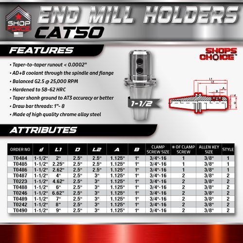 CAT50 END MILL HOLDER 1-1/2" X 4.62"  G2.5 X 25,000 RPM (0.0002 T.I.R.) Shop'sChoice™ - Image 2