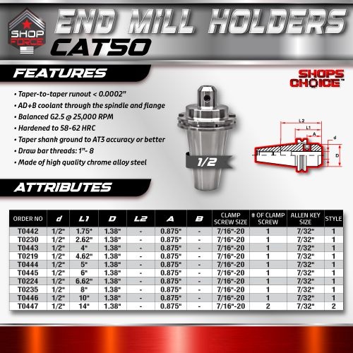 CAT50 END MILL HOLDER 1/2" X 8"  G2.5 X 25,000 RPM (0.0002 T.I.R.) Shop'sChoice™ - Image 2