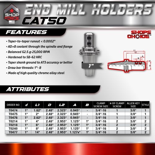 CAT50 END MILL HOLDER 1" X 8"  G2.5 X 25,000 RPM (0.0002 T.I.R.) Shop'sChoice™ - Image 2