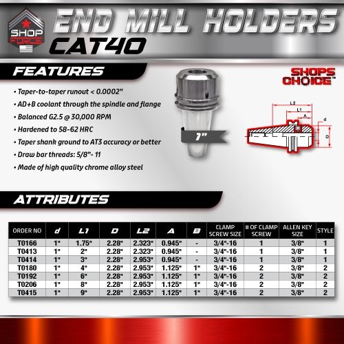 CAT40 END MILL HOLDER 1"X3"  G2.5 X 30,000 RPM (0.0002 T.I.R.) Shop'sChoice™ - Image 2