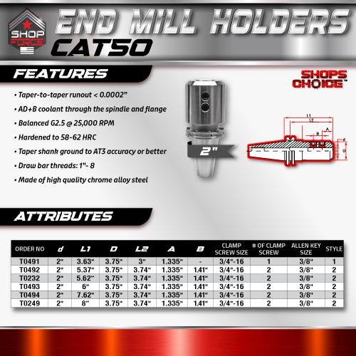 CAT50 END MILL HOLDER 2" X 5.37"  G2.5 X 25,000 RPM (0.0002 T.I.R.) Shop'sChoice™ - Image 2