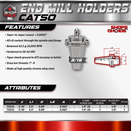 CAT50 END MILL HOLDER 3/16" X 2.5"  G2.5 X 25,000 RPM (0.0002 T.I.R.) Shop'sChoice™ - Image 2