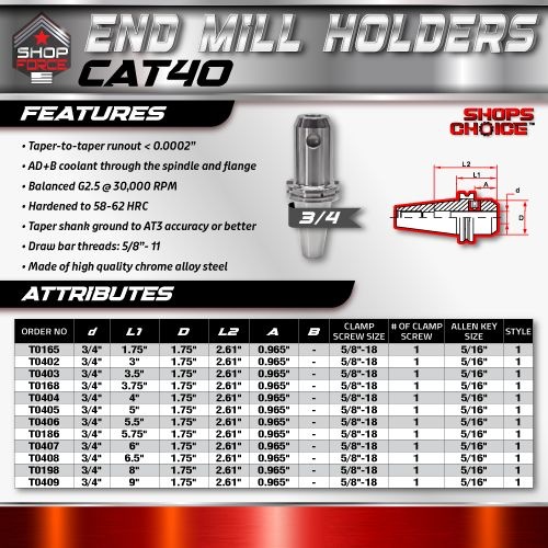 CAT40 END MILL HOLDER 3/4"X6"  G2.5 X 30,000 RPM (0.0002 T.I.R.) Shop'sChoice™ - Image 2