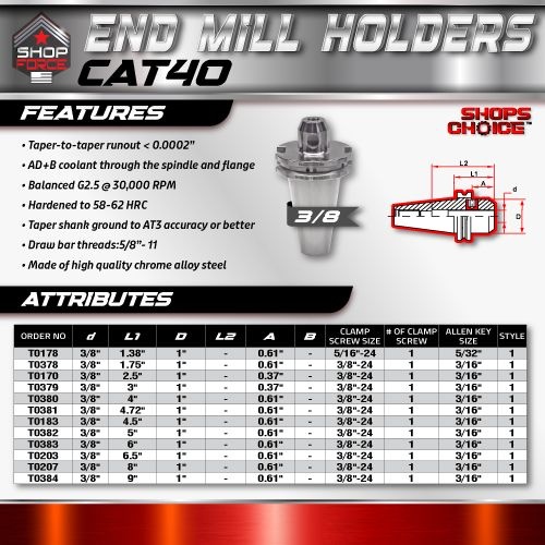 CAT40 END MILL HOLDER 3/8"X4"  G2.5 X 30,000 RPM (0.0002 T.I.R.) Shop'sChoice™ - Image 2