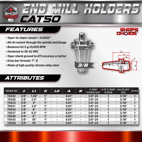 CAT50 END MILL HOLDER 3/8" X 8"  G2.5 X 25,000 RPM (0.0002 T.I.R.) Shop'sChoice™ - Image 2