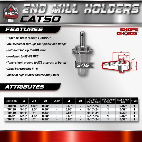 CAT50 END MILL HOLDER 5/16" X 6"  G2.5 X 25,000 RPM (0.0002 T.I.R.) Shop'sChoice™ - Image 2