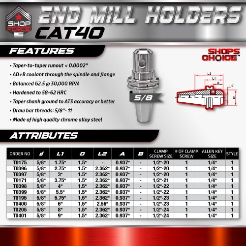 CAT40 END MILL HOLDER 5/8"X2.75"  G2.5 X 30,000 RPM (0.0002 T.I.R.) Shop'sChoice™ - Image 2