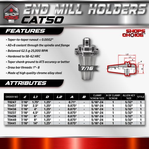 CAT50 END MILL HOLDER 7/16" X 4"  G2.5 X 25,000 RPM (0.0002 T.I.R.) Shop'sChoice™ - Image 2