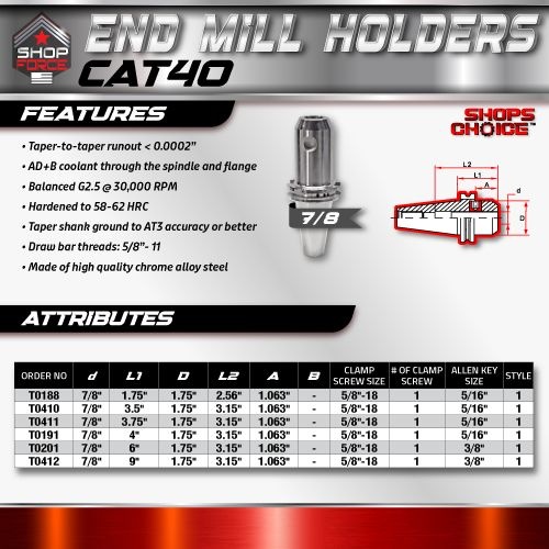 CAT40 END MILL HOLDER 7/8"X3.75"  G2.5 X 30,000 RPM (0.0002 T.I.R.) Shop'sChoice™ - Image 2