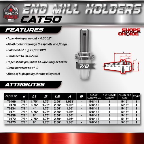 CAT50 END MILL HOLDER 7/8" X 3.75"  G2.5 X 25,000 RPM (0.0002 T.I.R.) Shop'sChoice™ - Image 2