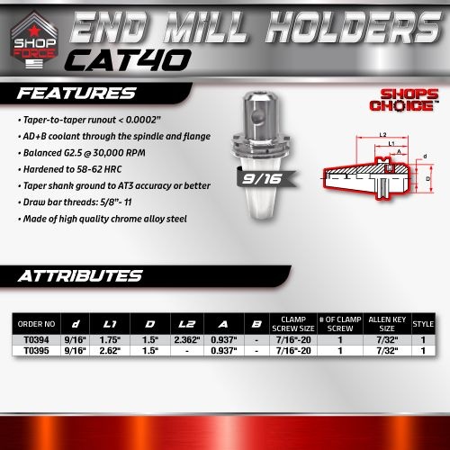 CAT40 END MILL HOLDER 9/16"X2.62"  G2.5 X 30,000 RPM (0.0002 T.I.R.) Shop'sChoice™ - Image 2