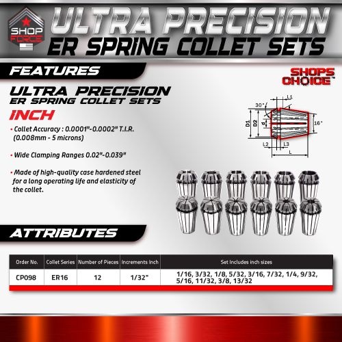 ER16 ULTRA Precision Spring Collet Set 12 Piece (0.0001" T.I.R.) Shop'sChoice™  1/16"-13/32" - Image 2