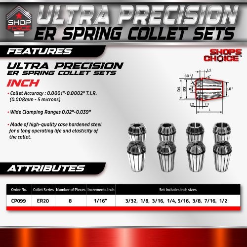 ER20 ULTRA Precision Spring Collet Set 8 Piece (0.0001" T.I.R.) Shop'sChoice™  3/32"-1/2" - Image 2