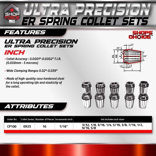 ER25 ULTRA Precision Spring Collet Set 10 Piece (0.0001" T.I.R.) Shop'sChoice™  3/32"-5/8" - Image 2