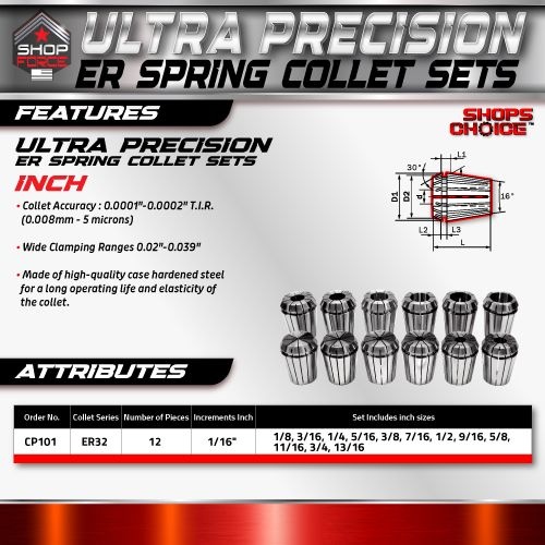 ER32 ULTRA Precision Spring Collet Set 12 Piece (0.0001" T.I.R.) Shop'sChoice™  1/8"-13/16" - Image 2