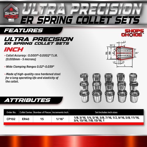 ER40 ULTRA Precision Spring Collet Set 15 Piece (0.0001" T.I.R.) Shop'sChoice™  1/8"-1" - Image 2