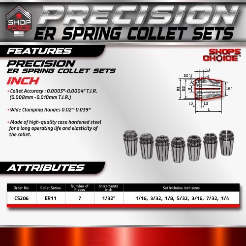 ER 11 High Precision Spring Collet SET 7 Piece 1/16" - 1/4"  (0.0003) T.I.R. Shop'sChoice - Image 2