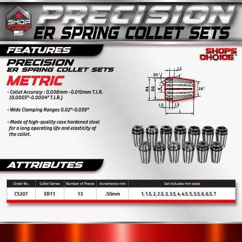 ER 11 High Precision Spring Collet SET 13 Piece 1MM - 7MM  (0.0003) T.I.R. Shop'sChoice™ - Image 2