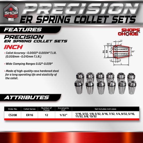 ER 16 High Precision Spring Collet SET 12 Piece 1/16" - 13/32"  (0.0003) T.I.R. Shop'sChoice - Image 2