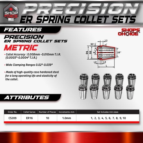 ER 16 High Precision Spring Collet SET 10 Piece 1MM - 10mm  (0.0003) T.I.R. Shop'sChoice™ - Image 2