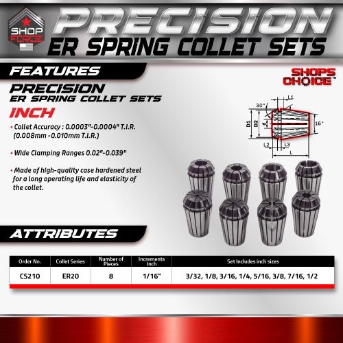 ER 20 High Precision Spring Collet SET 8 Piece 3/32" - 1/2"  (0.0003) T.I.R. Shop'sChoice - Image 2