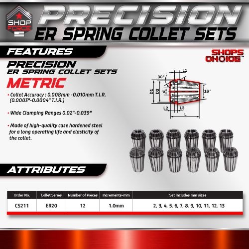 ER 20 High Precision Spring Collet SET 12 Piece 2mm - 13mm  (0.0003) T.I.R.  Shop'sChoice™ - Image 2