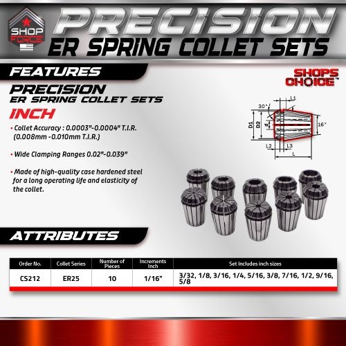 ER 25 High Precision Spring Collet SET 10 Piece 3/32" - 5/8"  (0.0003) T.I.R.  Shop'sChoice - Image 2