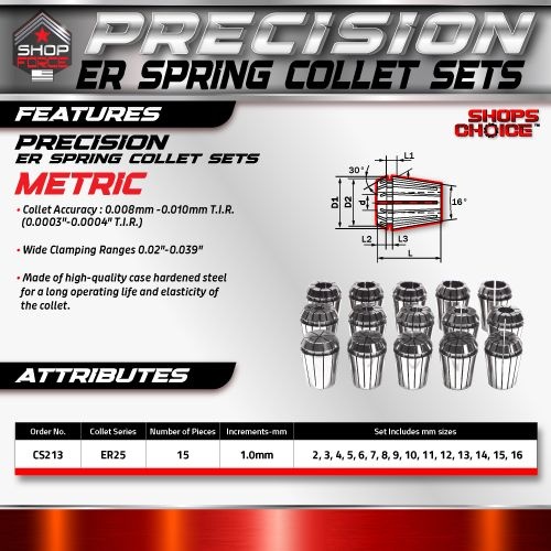 ER 25 High Precision Spring Collet SET 15 Piece 2MM - 16MM  (0.0003) T.I.R. Shop'sChoice™ - Image 2