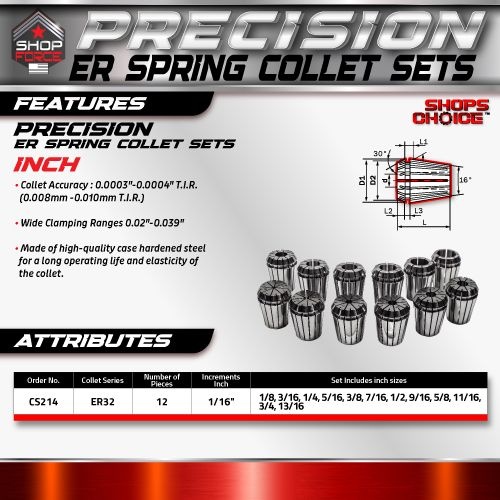 ER 32 High Precision Spring Collet SET 12 Piece 1/8" - 13/16"  (0.0003) T.I.R. Shop'sChoice - Image 2