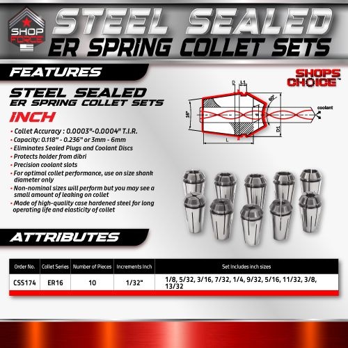 ER16 STEEL SEALED Spring Collets INCH 10 Piece Set (0.0003" T.I.R.) Coolant Collet 1500 MAX PSI  1/8-13/32" - Image 2